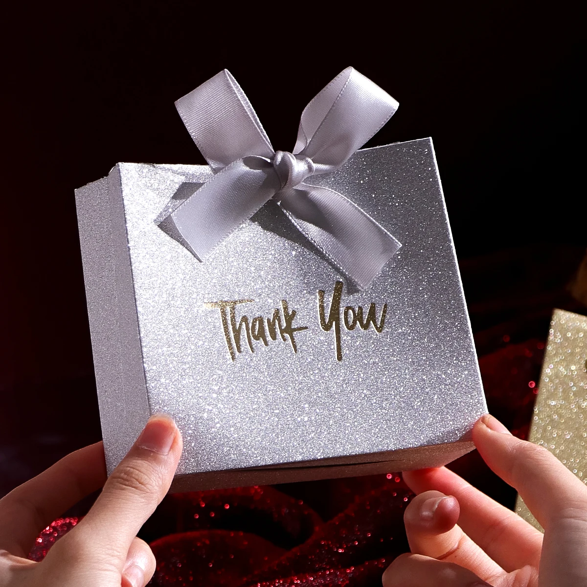 10 Pack Gold and Silver Glitter Thank You Gift Boxes with Ribbons, Mini Candy Boxes, Chocolates and Small Gifts, Glittering Gold