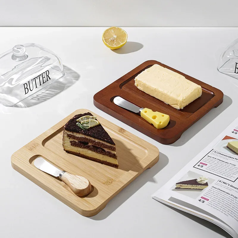 New Wood Butter Dish with Glass Lid and Knife,Cheesecake Dessert Storage Plate,Kitchen Countertop Dish,Butter Cheese Container