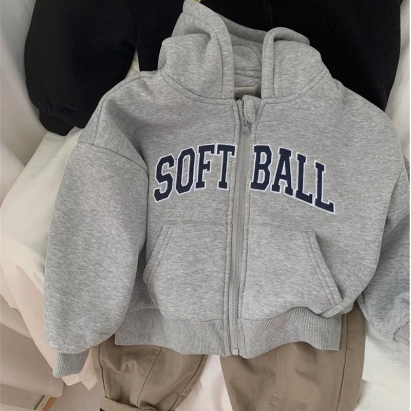 Casual Loose Gray Letter Print Hooded Baby Hoodies Long Sleeve Zipper Korean Style Infant Sweatshirt Tops Unisex