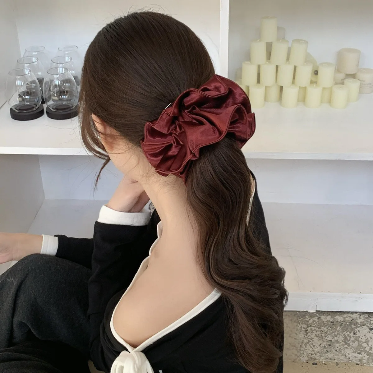 Hair Scrunchie Satin Double Layer Smooth Elastic Ponytail Holder for Women Korean Daily Work Office Travel Elegant Accessory