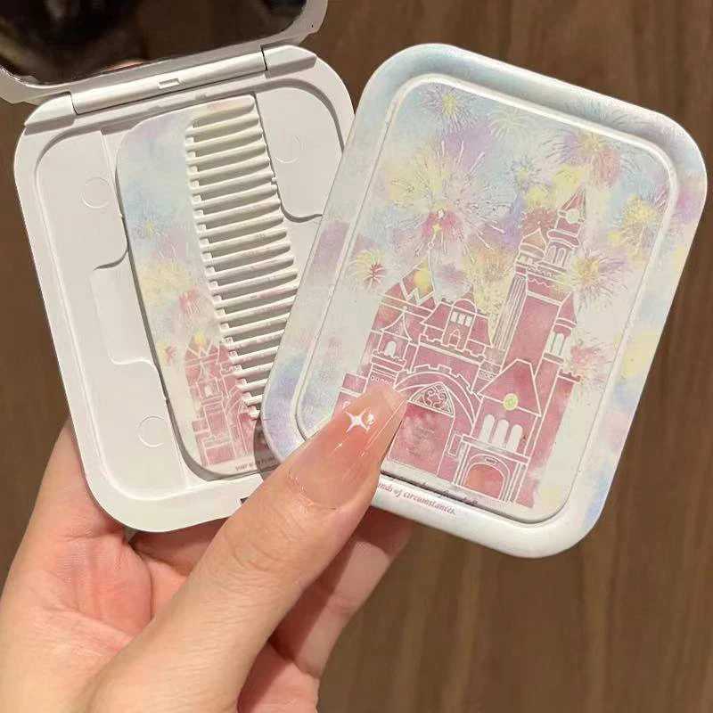 Fireworks Castle Flip-Top Folding Makeup Mirror Portable Pocket Mirror Women Rectangle Cosmetic Make Up Mirror With Comb