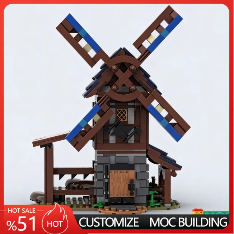 755PCS Medieval Sawmill with Windmill Structure Customize Creative MOC Building Blocks DIY Assembly Educational Toy For Display