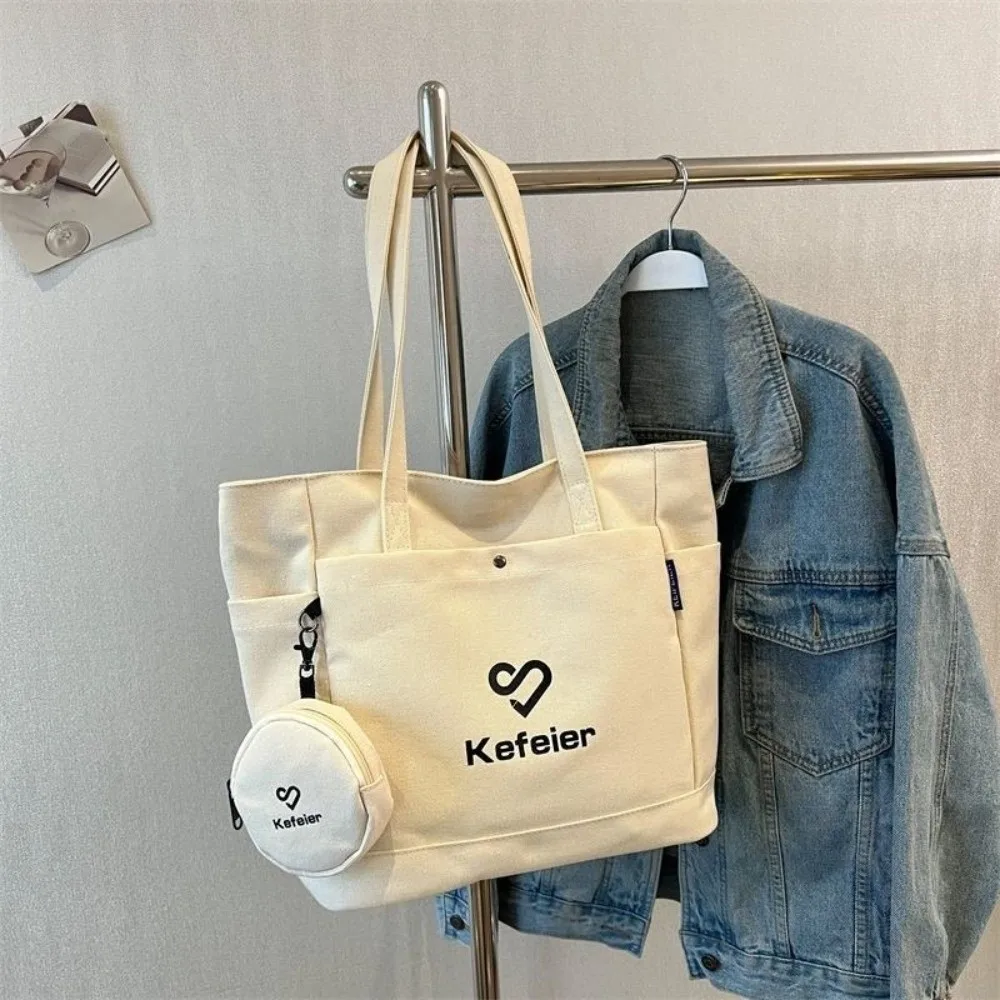 

Холщовая сумка-тоут в корейском стиле, универсальная женская сумка на плечо большой вместимости с небольшим однотонным кошельком