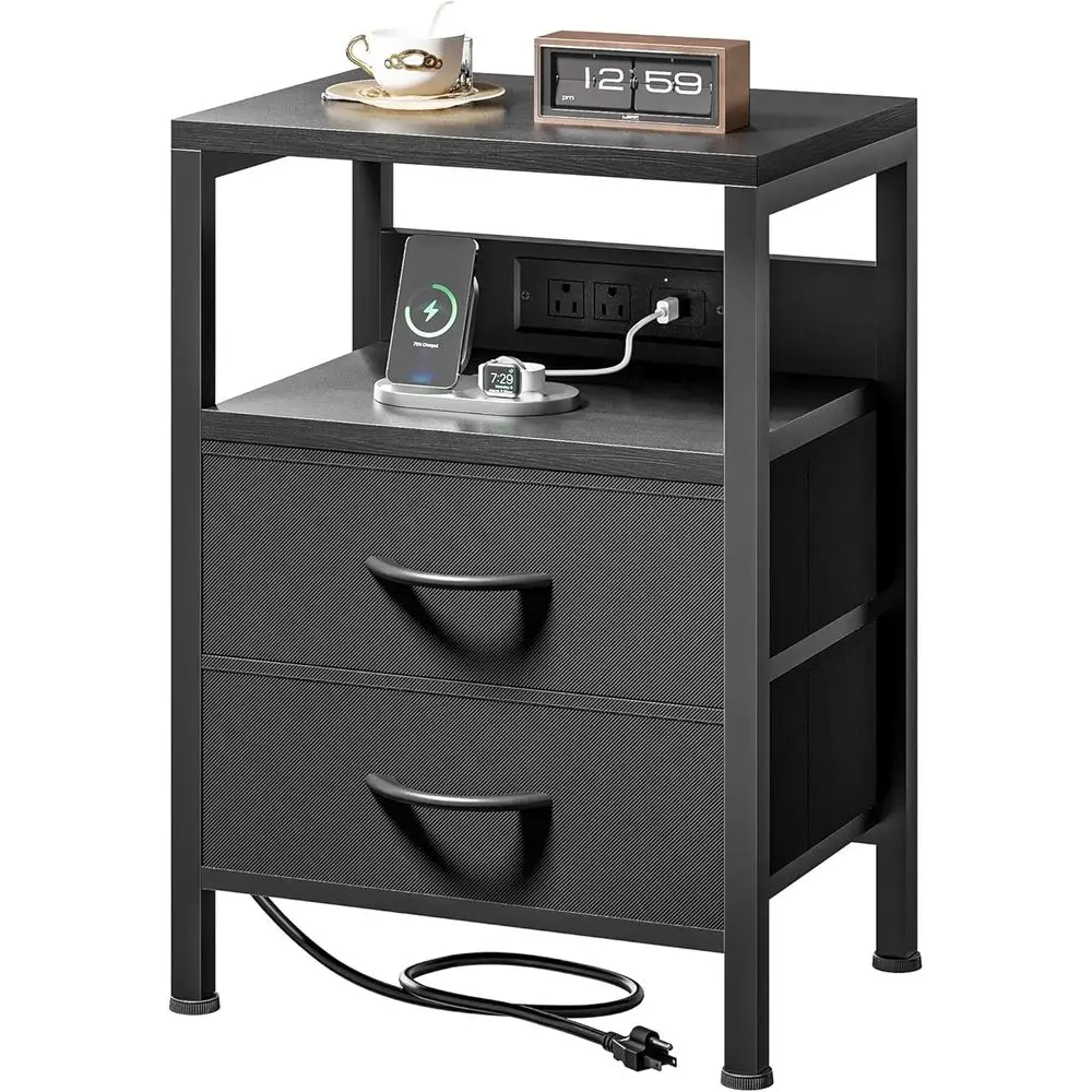 

Bedroom Charging Nightstand with Open Shelf & Fabric Drawers, USB-C Port, Black