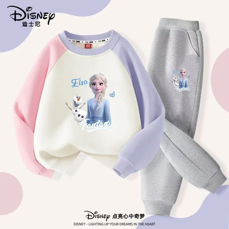 الخريف طفل الفتيات الملابس مجموعة الأطفال ديزني إلسا الطباعة كتلة اللون بلوزات وسراويل أسفل قطعتين بدلة قطنية بأكمام طويلة #2