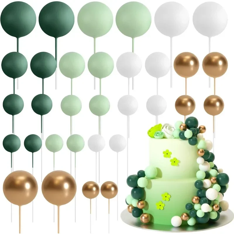 32pcs Sage Green Brown Cake Topper Gold Foam Balls DIY Insert Cake Decoration for Baby Shower Birthday Party Cake Decorationion