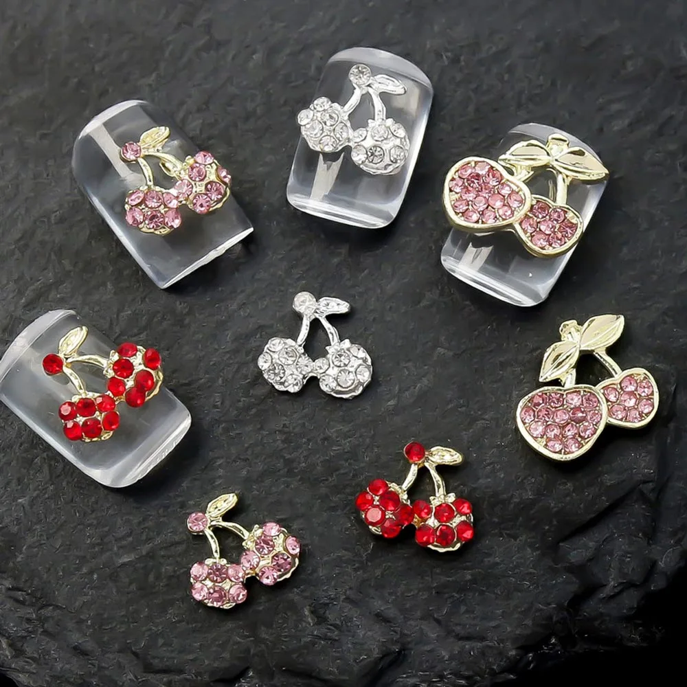 10Pcs Cherry Blossom Nail Art Charms 3D Luxury Nail Parts Jewelry Pink Silver Red Metal Crystal Rhinestone Bulk Nail Accessories