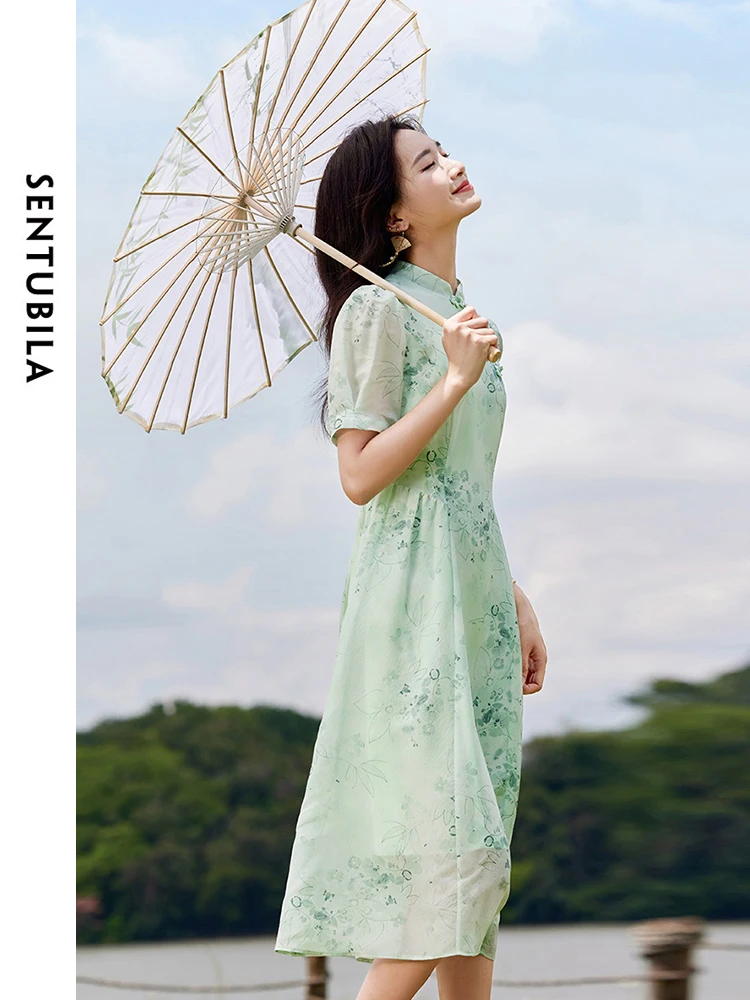 SENTUBILA Floral Printed Midi Silk Dresses for Women 2024 Spring Summer Stand Neck A-line Chinese Style Elegant Dress Q32L50728