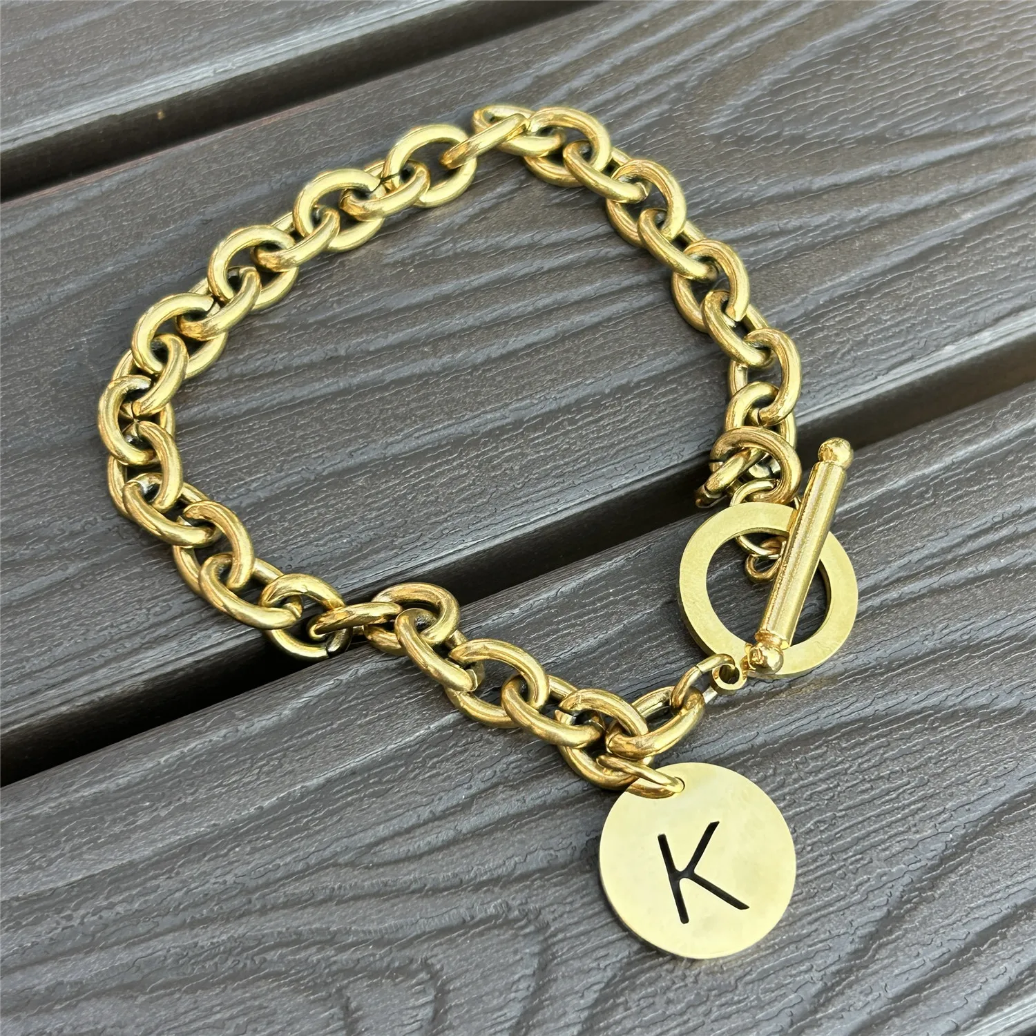 Stainless Steel Coin Initial Letter Bracelet For Women Alphabet Toggle Bracelet Name Jewelry
