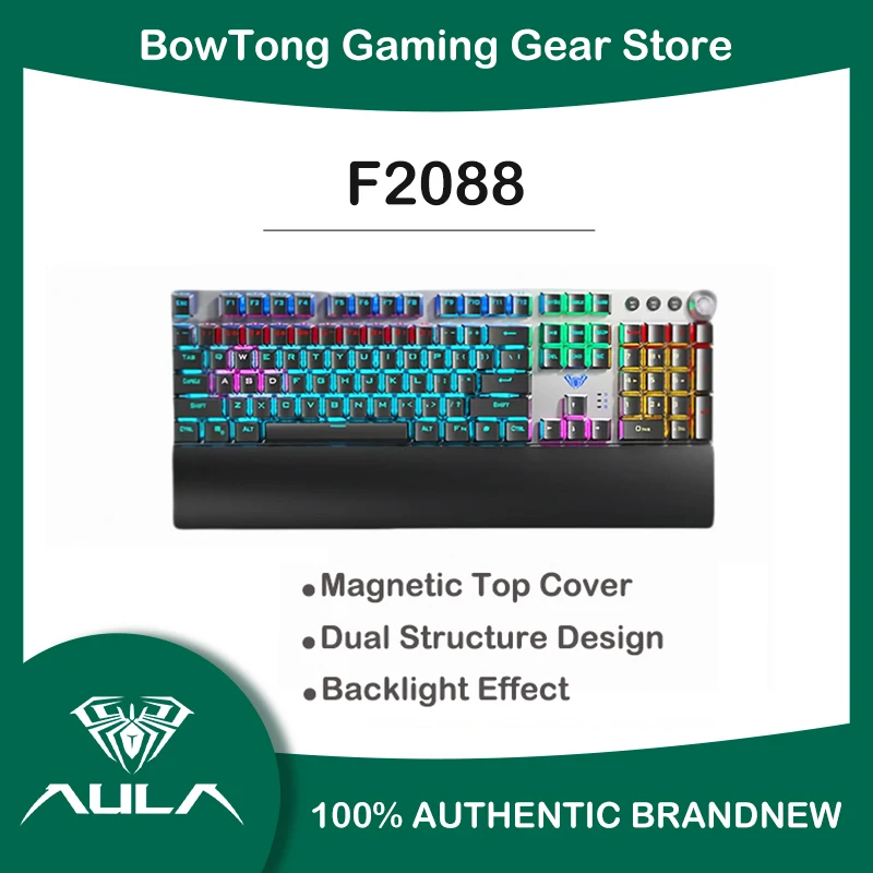 AULA F2088 104 Full Size Wired Mechanical Keyboard RGB Metal Knob Punk Keycaps Magnetic Wrist Rest Programmable Gaming Keyboard