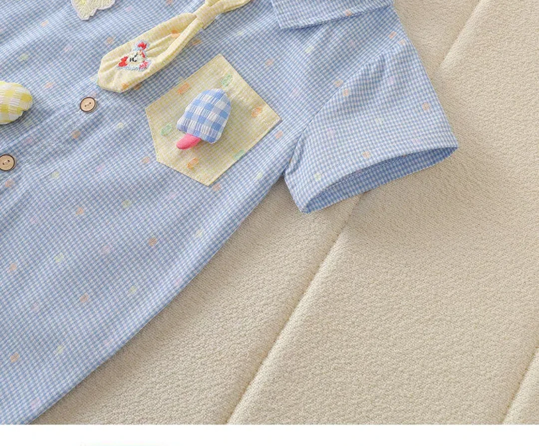 Sommerlicher Baby-Overall im koreanischen Stil mit Teddybär-Kragen, kariert, kurz, für Jungen und Mädchen – Detail 6