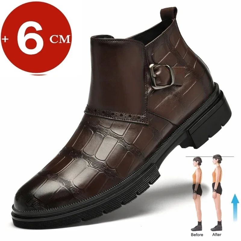 

Men Winter Top Quality Luxury Elevator Ankle Boots Classic Retro Genuine Leather Chelsea Boots Warm Comfortable Height Increase