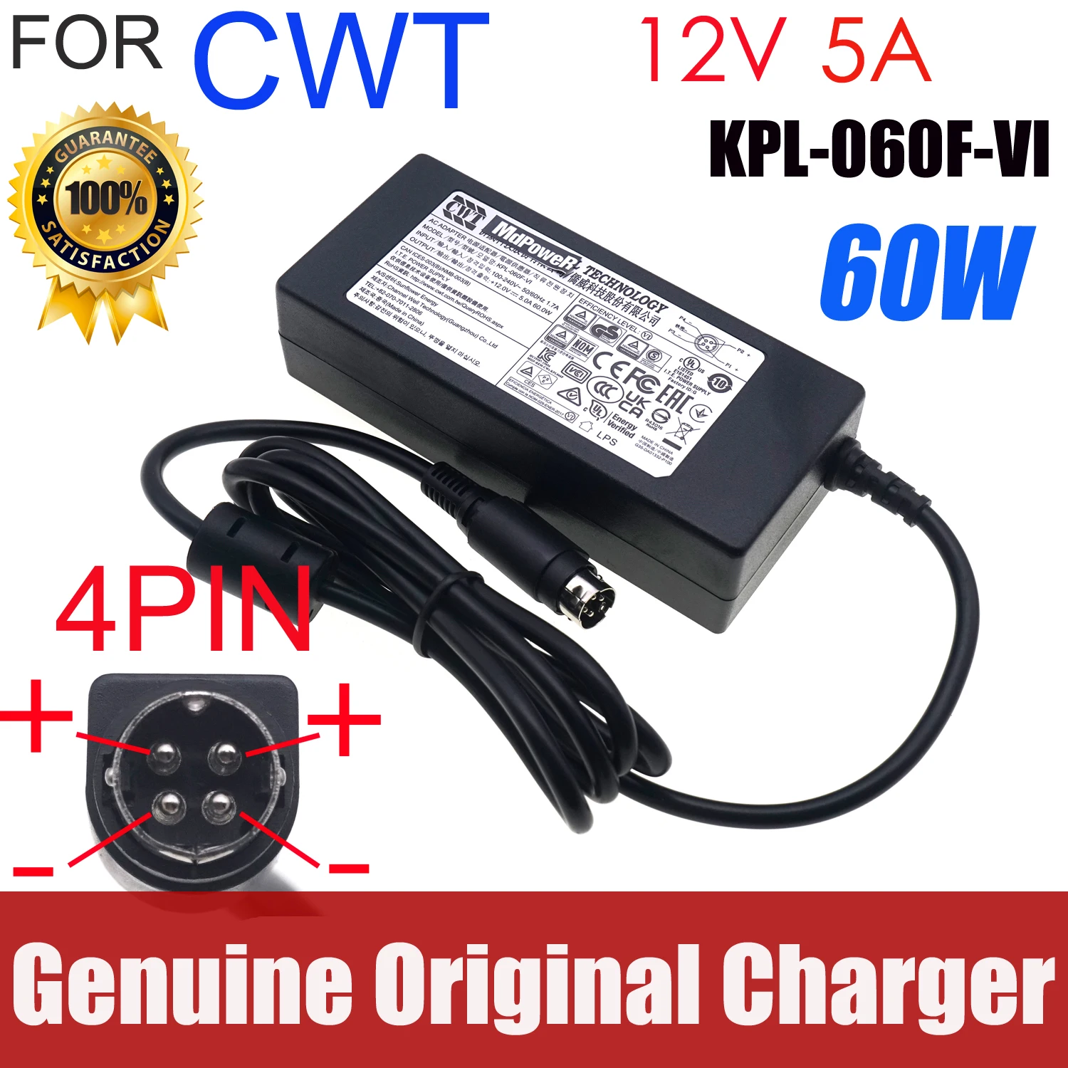 

Genuine CWT KPL-060F-VI Channel Well AC Adapter Charger 12V 5A 60W 4PIN KPL-060F For Hikvision 7816HW 7808HW Power Supply