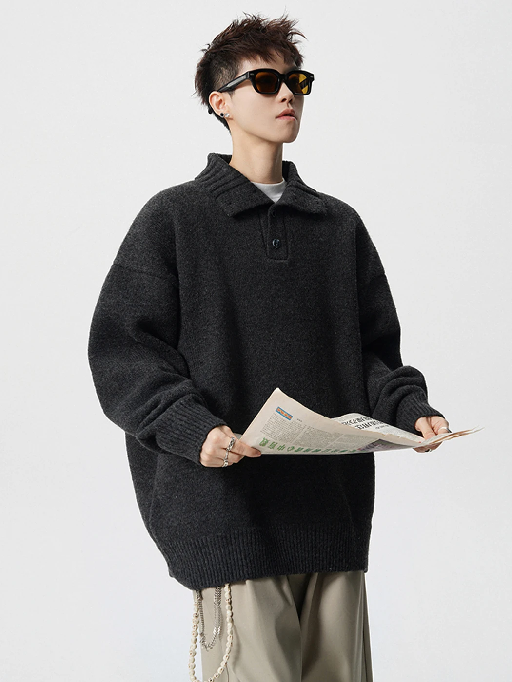 

Warm Heavyweight Men's Knitwear Henry Collar Sweater Casual Loose Fit Polyester Long Sve Crew Ne Winter Faion Sle