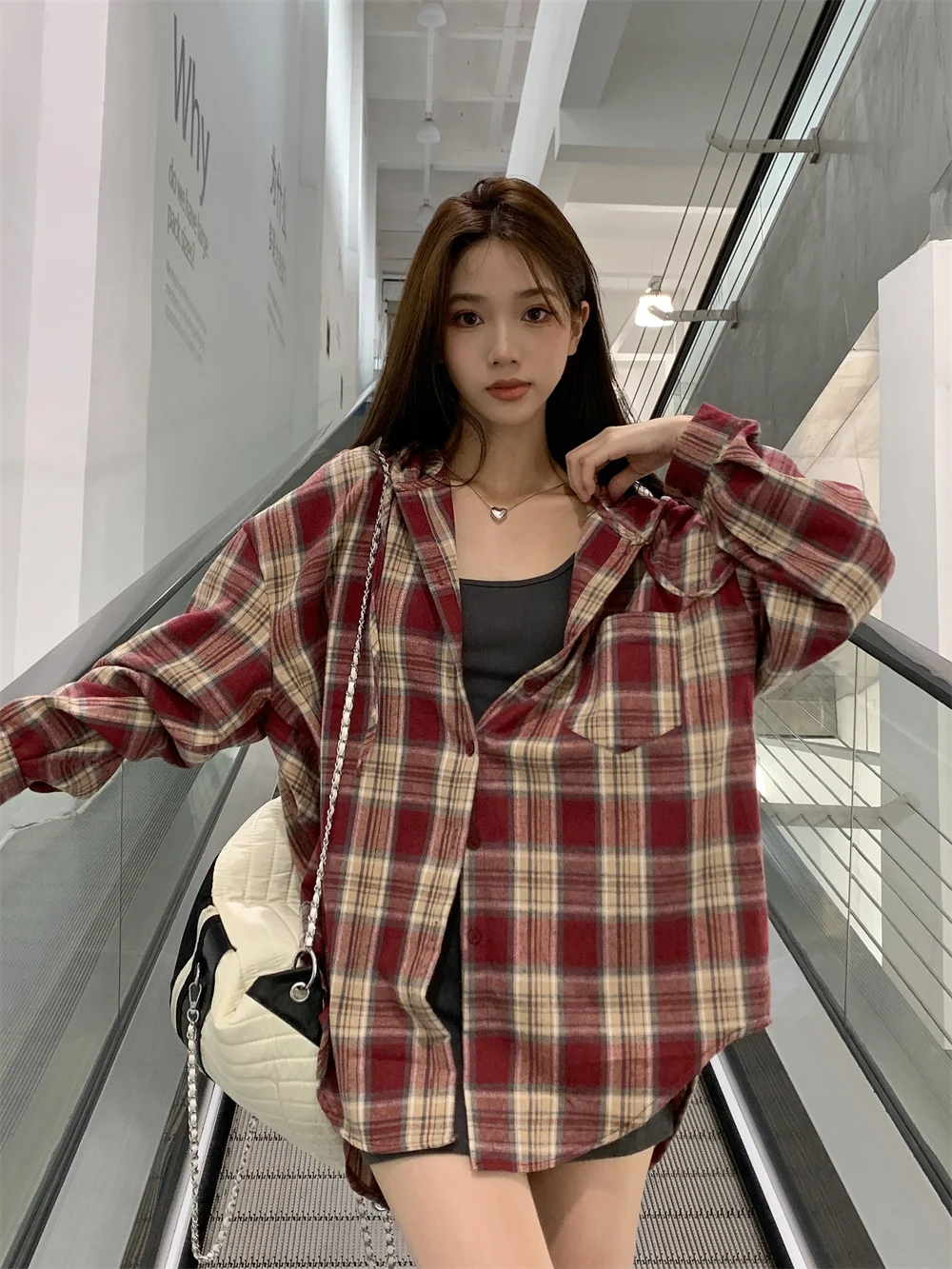 Hooded Shirts Women Vintage Plaid Long Sleeve Coats Korean Style Casual Loose Side Slit Design Outerwear Spring Autumn Chic Ins