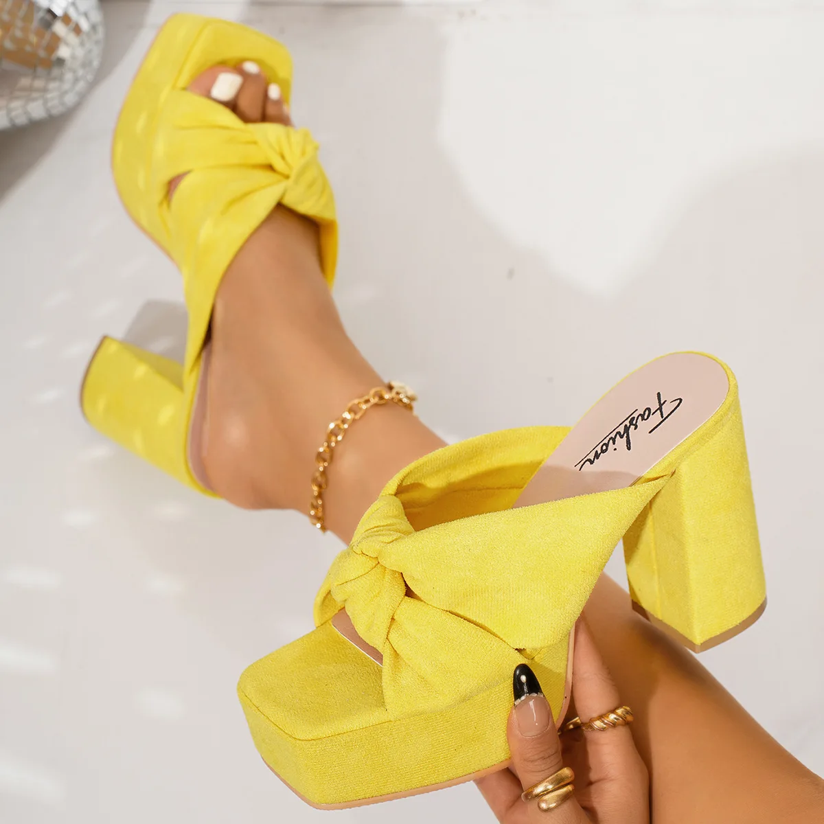 

Summer women suede square fish mouth exposed toe cover waterproof platform thick heel super high heels external slippers