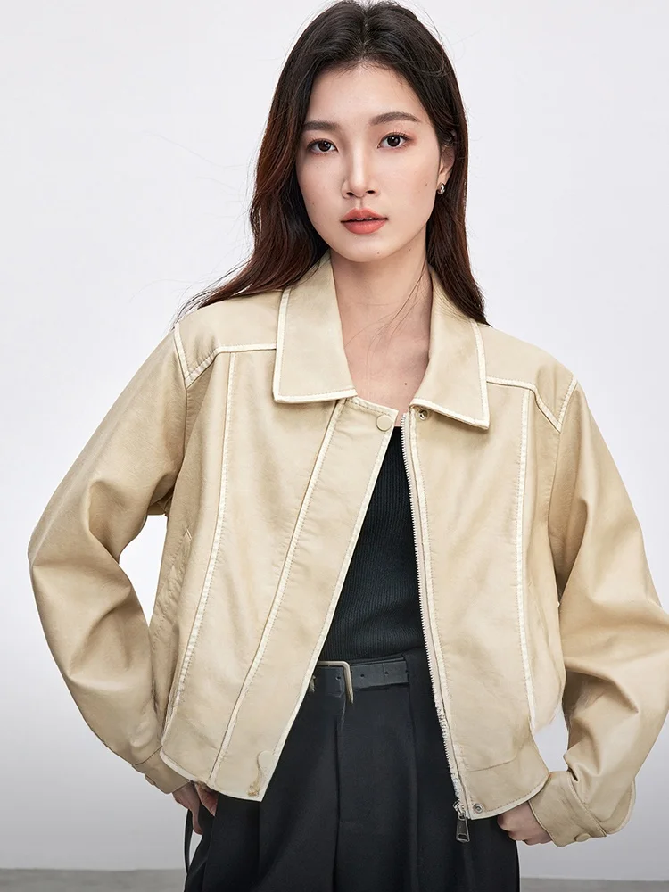 モダンなスレロングスベPUレザージャケット、2026年春、ゆったりフィット、ジッパー開閉、スリム効果、ファッショナブルなアウターウェア