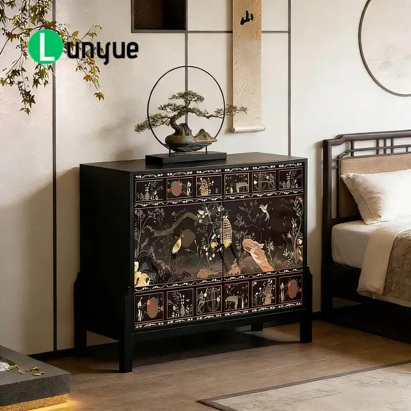 Song Dynasty Aesthetic Solid Wood Peacock Flower Bird Bucket Cabinet High Footed Entrance Storage Locker for Chinese Living