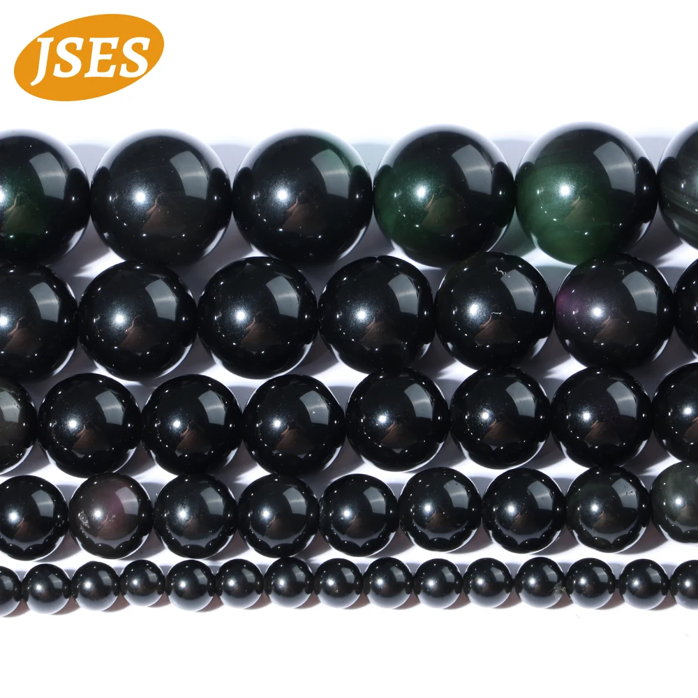 JSES Natural Black Obsidian Loose Stone Beads for Jewelry Making 4/6/8/10/12mm Needlework Bracelet Necklace DIY Accessories