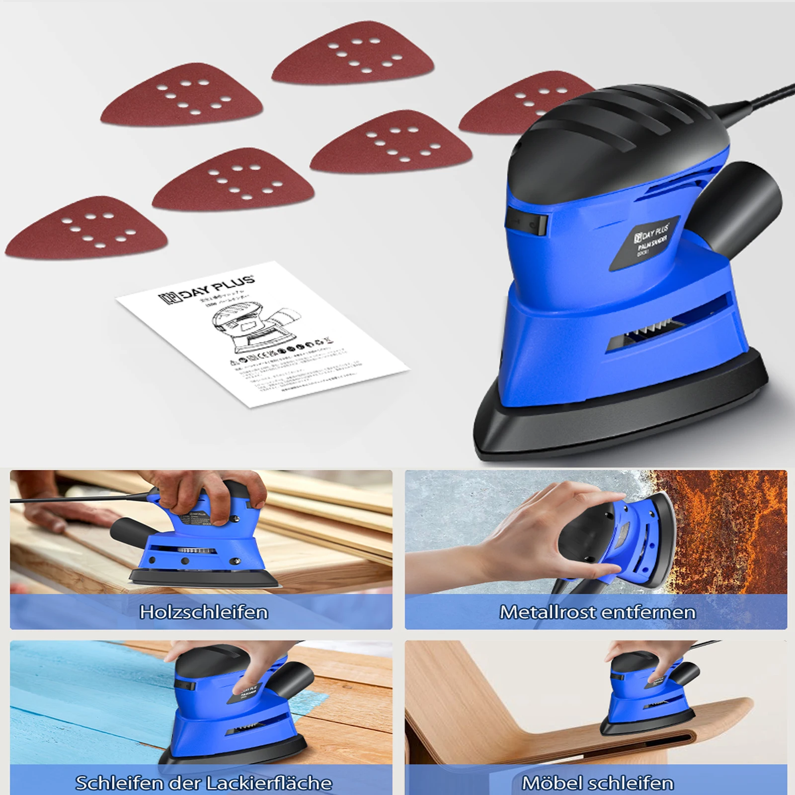 Lijadora de mano con recolección de polvo, 6 lijas, lijadoras eléctricas de mano de 130W y 12000 RPM, lijadora de mano de 6 velocidades ajustables, lijadoras de mano para madera, máquina lijadora, para lijar/pulir paredes