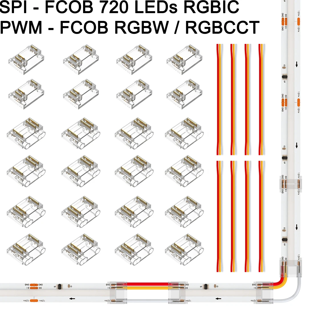 Conectores transparentes FCOB para luz de tira LED, tampa sem solda, 5Pin RGBW 6Pin RGBCCT SPI 3Pin RGB BIC, 12mm FOB COB, 12-24 pcs