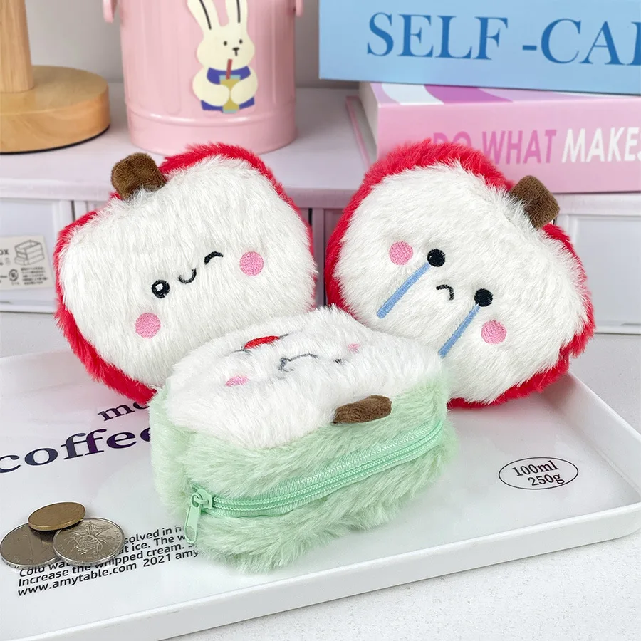 4 Color Kawaii Cartoon Mini Apple Plush Zero Wallet Girl Cute Plush Coin Wallet Key Storage Bag Children's Holiday Party Gifts