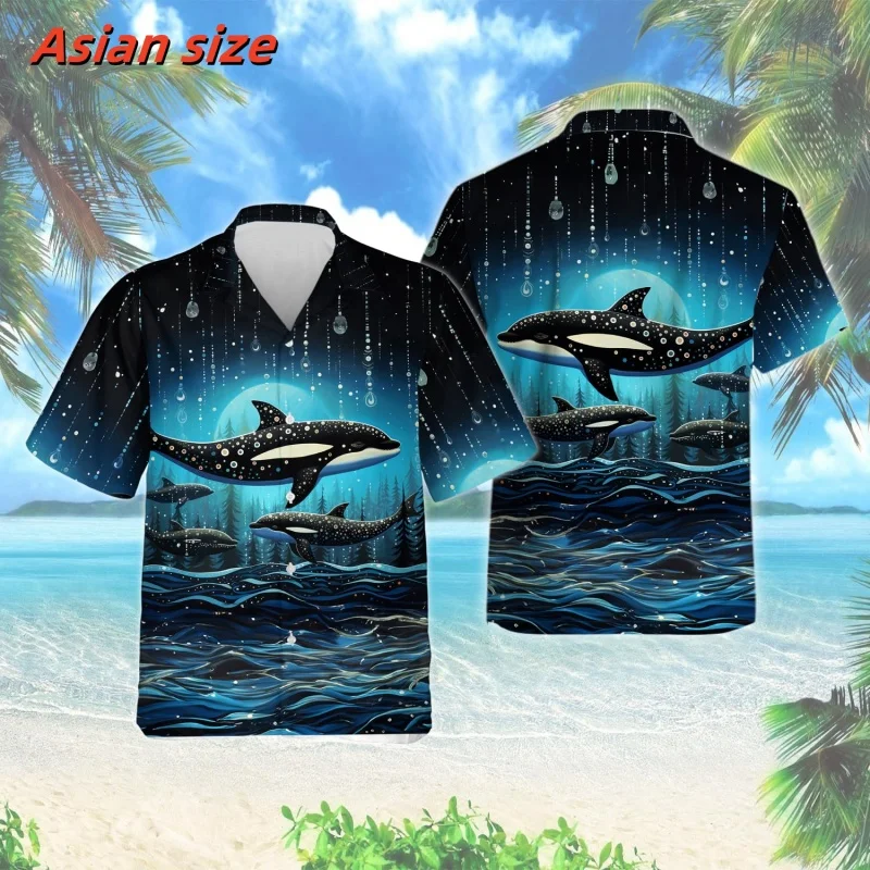 Marine Killer Whale Pattern Hawaiian Shirt For Men Colorful 3D Printed Blouse Summer Loose Short Sleeve Lapel Tops Aloha Shirts