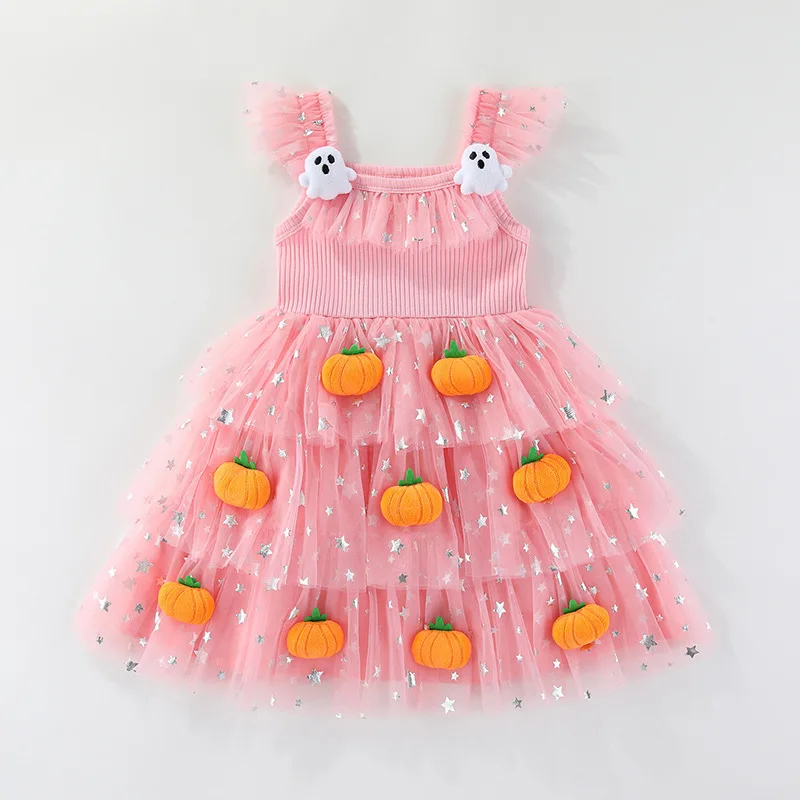 Flying Sleeve Children's Halloween Dress Mesh Skirt Pumpkin Ghost Doll Ruffled Tutu Dress Infant Baby Clothing 12M-6y Toddler
