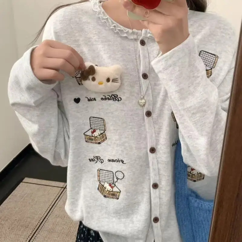 

Кардиган Hello Kitty Spring Milk Whirly с вышивкой в виде куклы, мягкий, приятный на ощупь, модный, простой, стильный топ для девочек