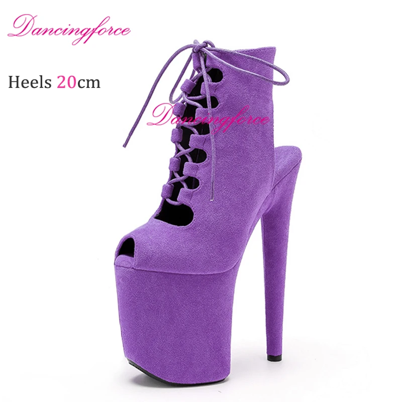 New Suede 20cm/8Inches Pole Dance Shoes Heels Platform Women Short Booties Lace-up Lady Catwalk Nightclub Strip Ankle Boot