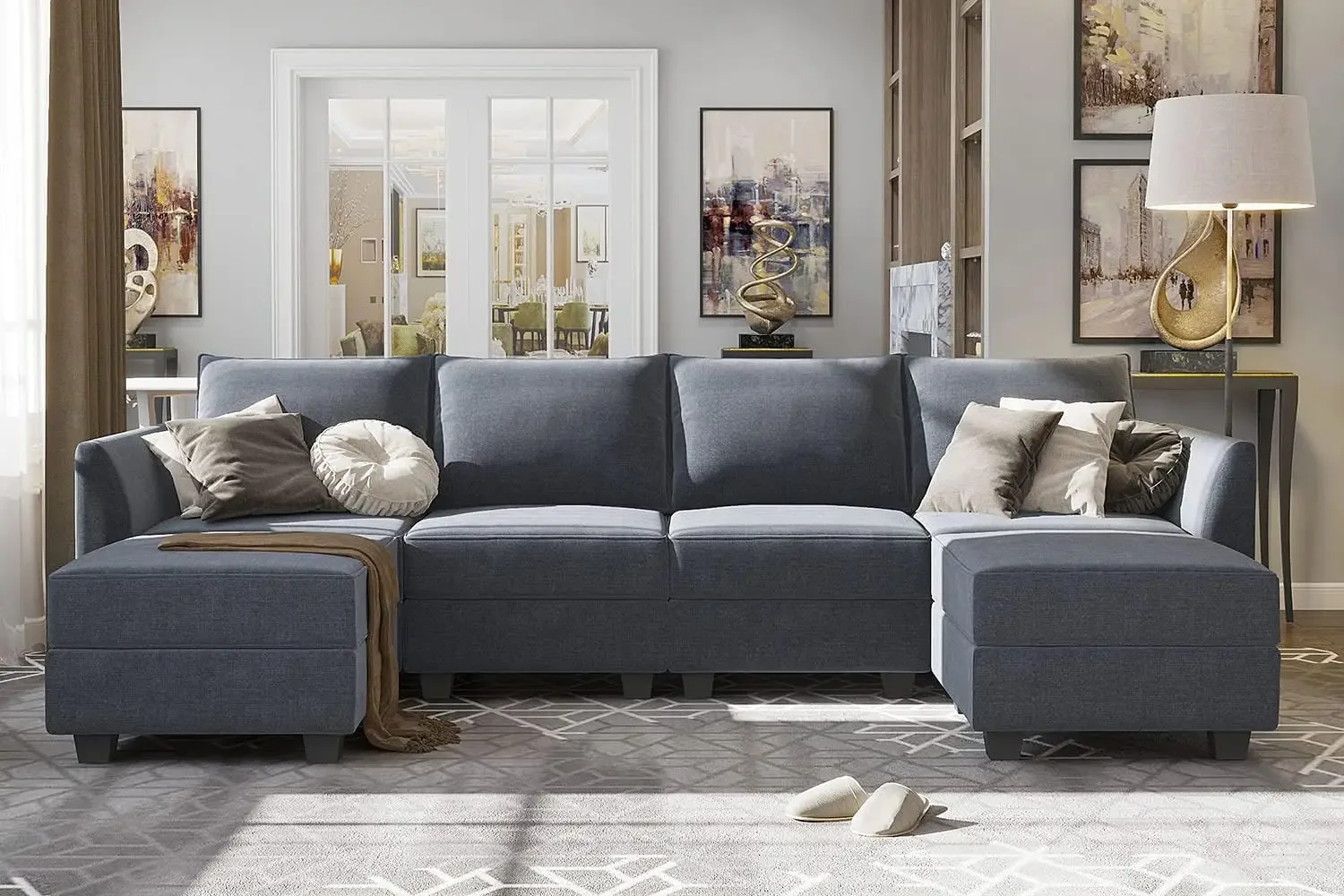 Sofa bagian Modular berbentuk U Sofa dengan Sofa Modular kursi bolak-balik dengan tempat penyimpanan, abu-abu kebiruan