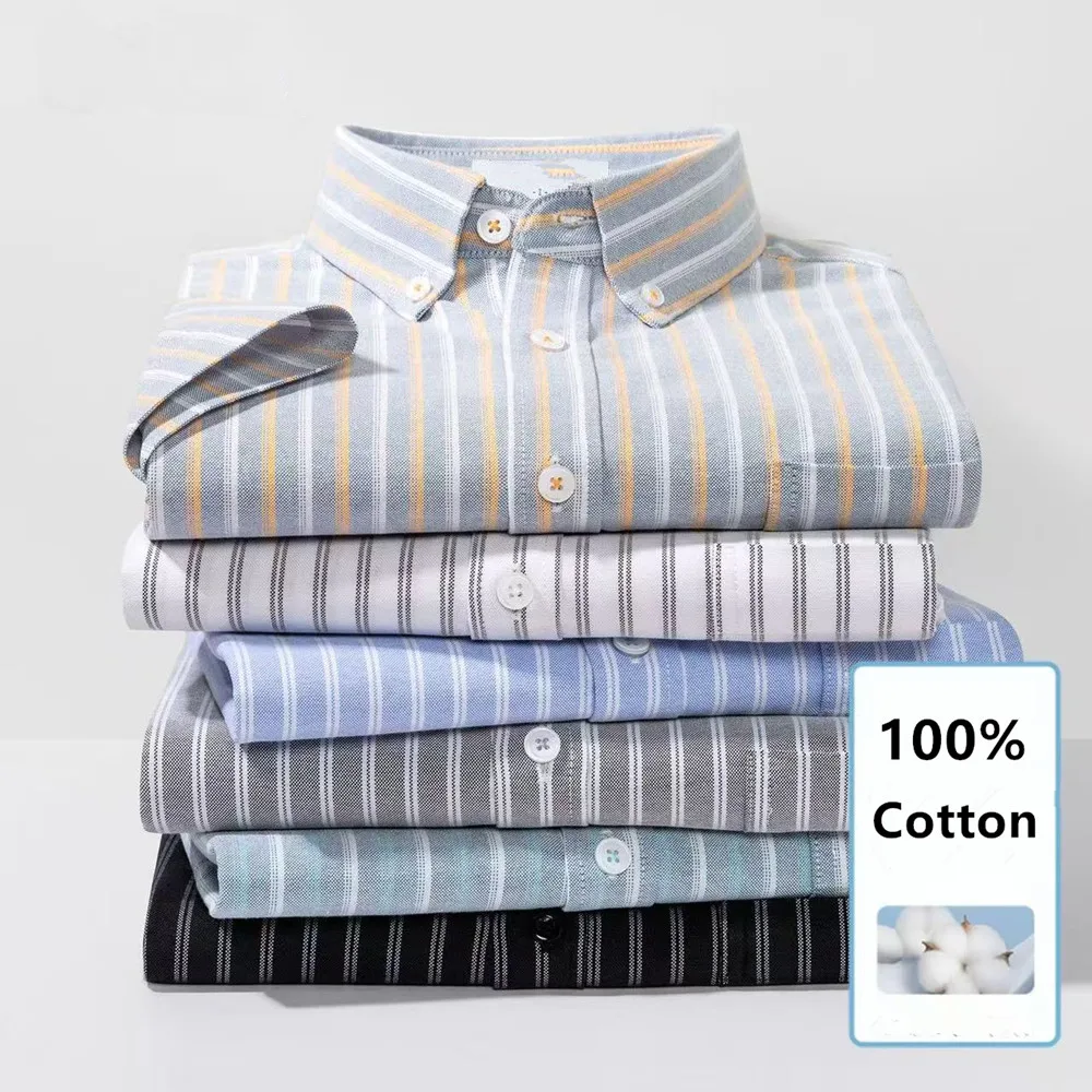 100% Baumwolle Hochwertige Herren Oxford Kurzarm-Hemden Lässige Gestreifte Sommer-Mode Koreanischer Stil Tägliche Campus-Hemden mit Knöpfen