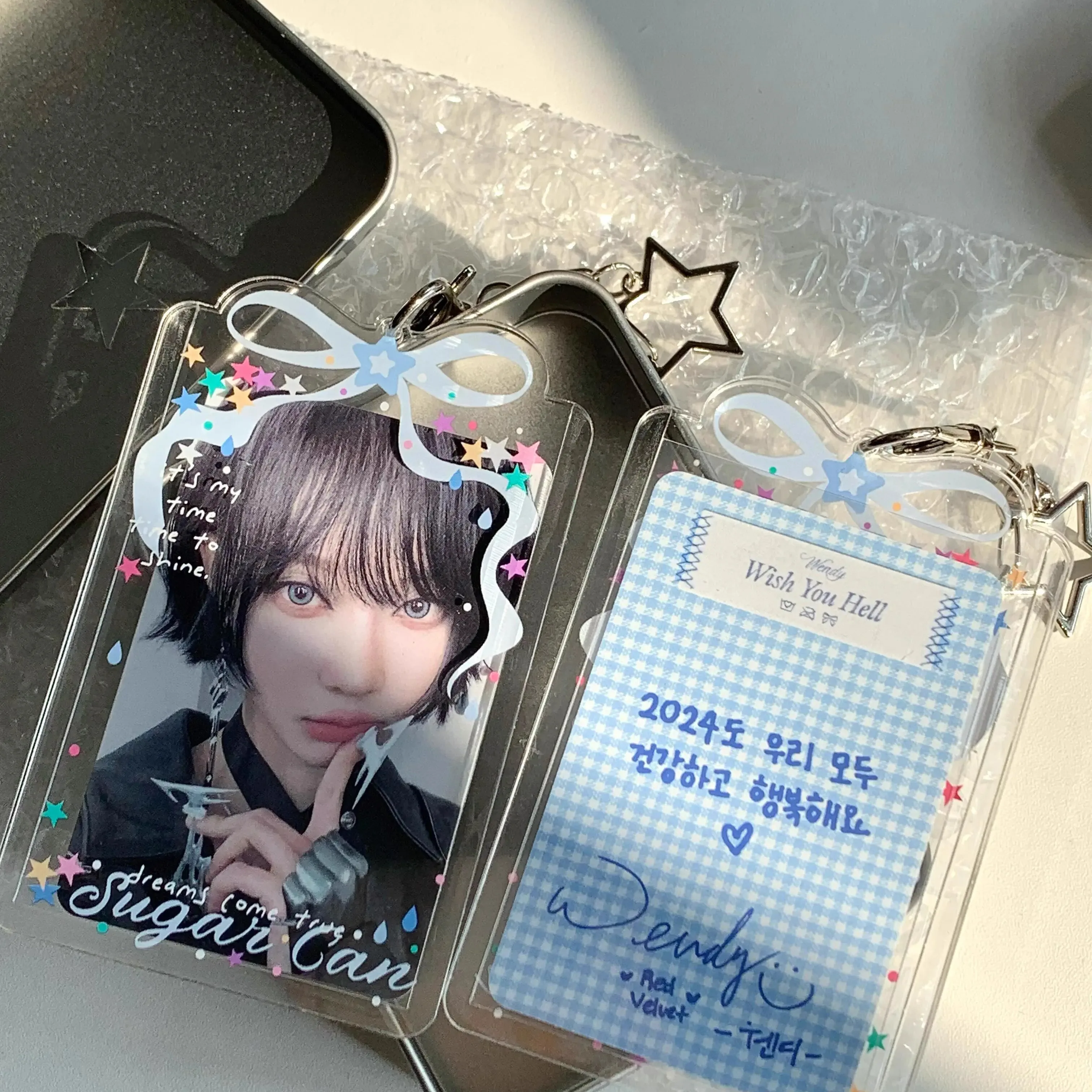 Star Bow Acrylic Card Holder Aesthetic 3" Photo Sleeve Protective Cover with Chain for IDOL Kpop Mini Card Bag Charm Pendant