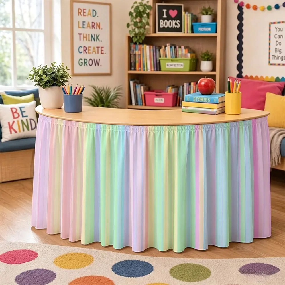 Tablecloth, 1 pastel striped pattern table skirt, holiday gift, suitable for classroom sending a table skirt booth decoration