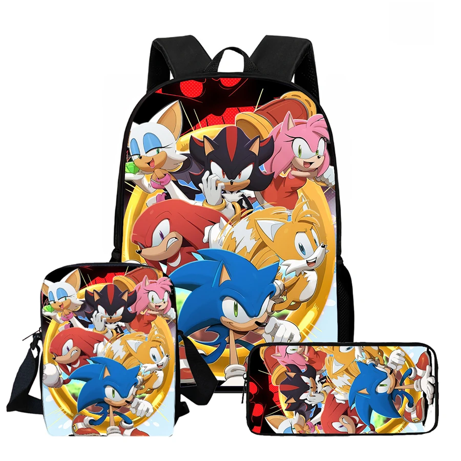 

3pcs Set Cartoon Soo-nn-ic Backpack, Includes Crossbody Bag Plus A Pencil Case, Unisex, Suitable For Boys And Girls Aged 5-10.