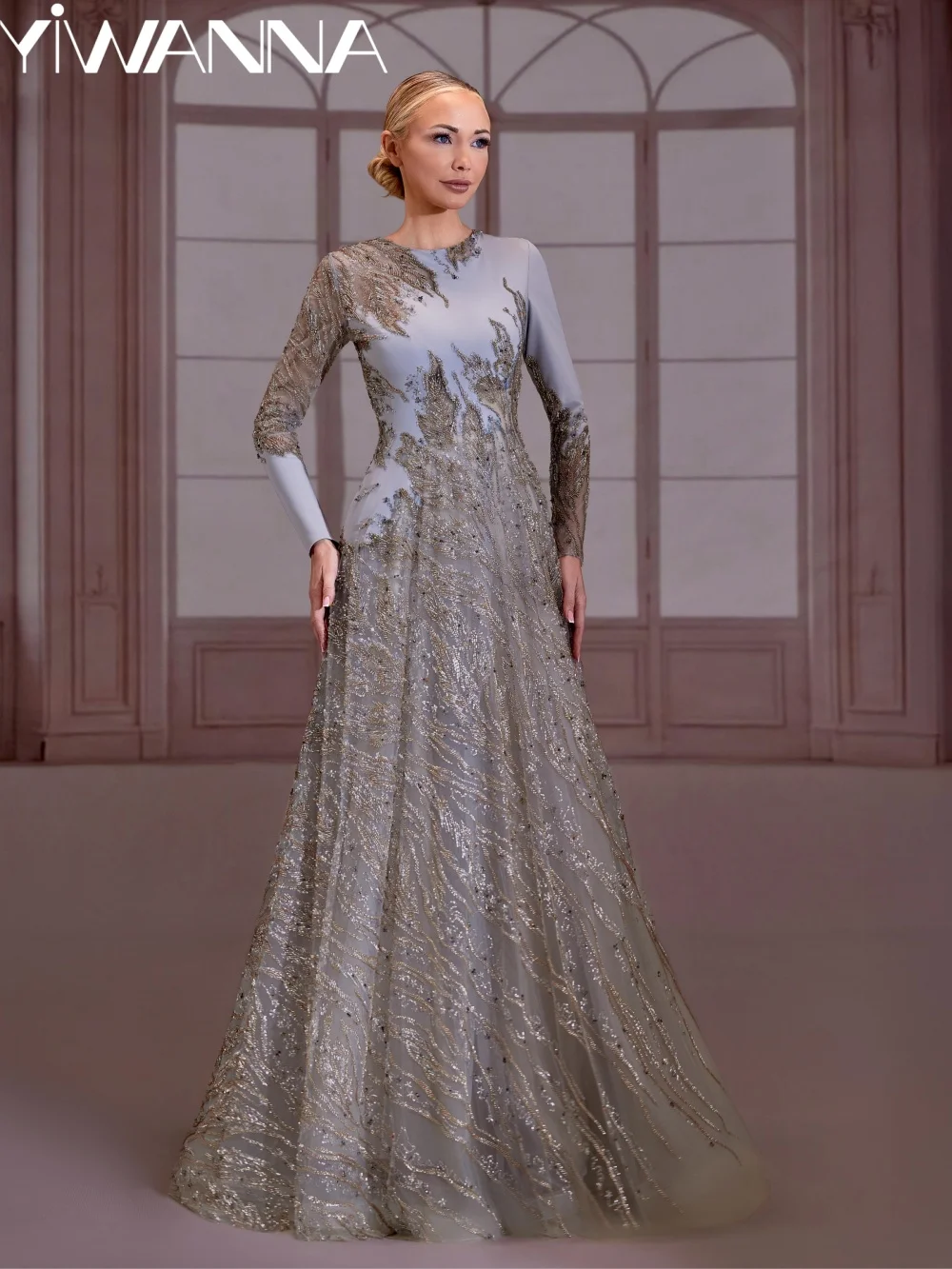 

Opulent Embroidery Beaded Evening Dress Long Sleeved Mother Of The Bride Dresses For Wedding Customized A-line Party Gowns