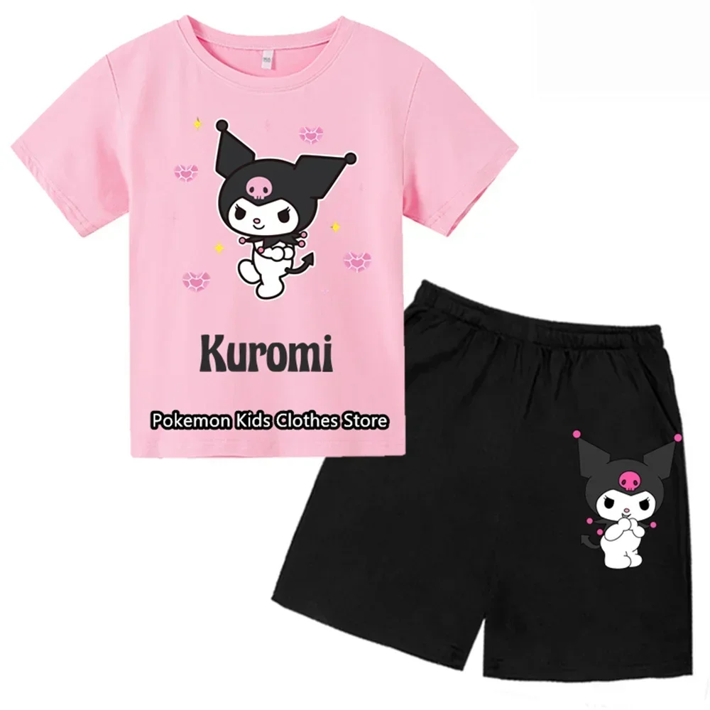 Sanrio Kids Kuromi T-shirt Summer Hello Kitty Kids Cartoon Casual Short sleeve T-shirt Set Baby Boys Clothing Girls clothing