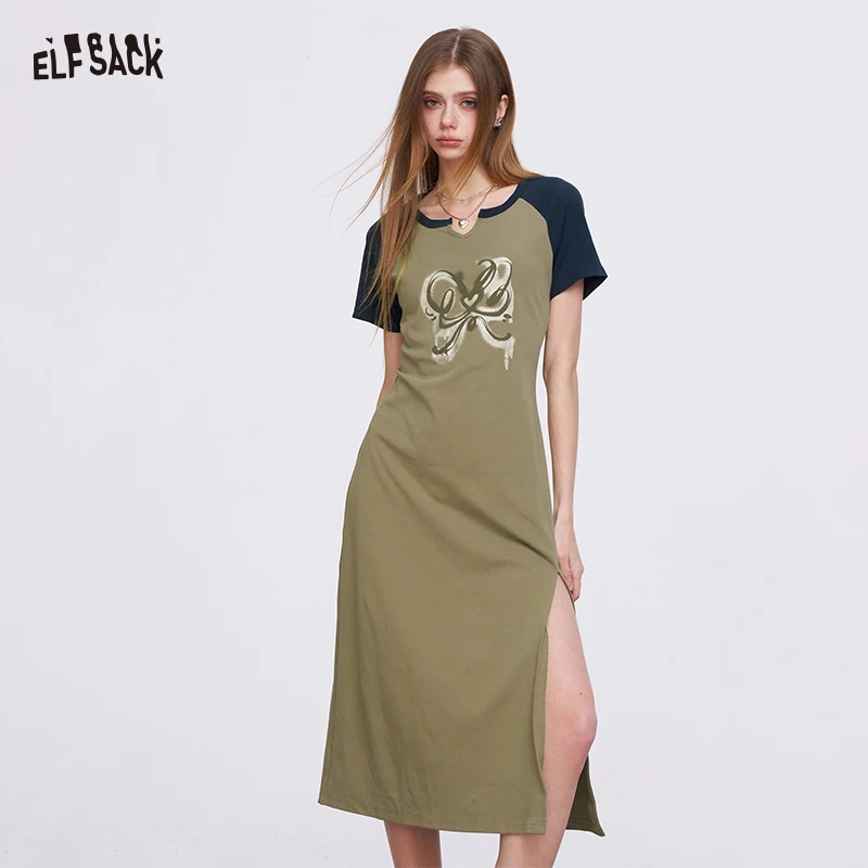

ELFSACK Y2K Sporty Midi Dress with Raglan Sleeve, Slim Fit Slit Dress for Women, Retro Aesthetic Streetwear Graphic Robe