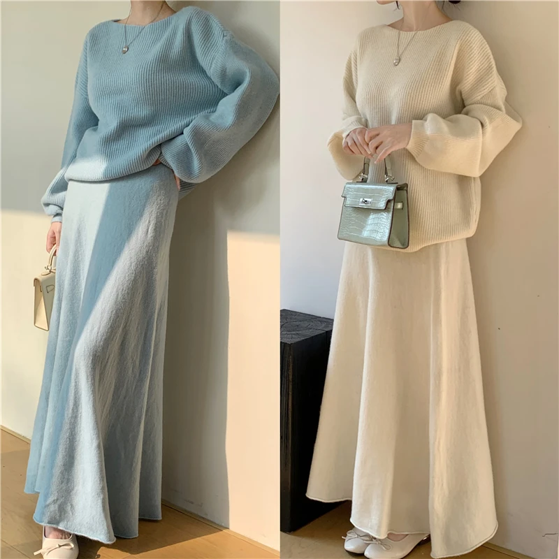 Fall Winter Warm Knitted 2 Piece Set For Woman Outfits Korean Casual Pullover Oversized Solid Sweater+long Skirt Sets 2024