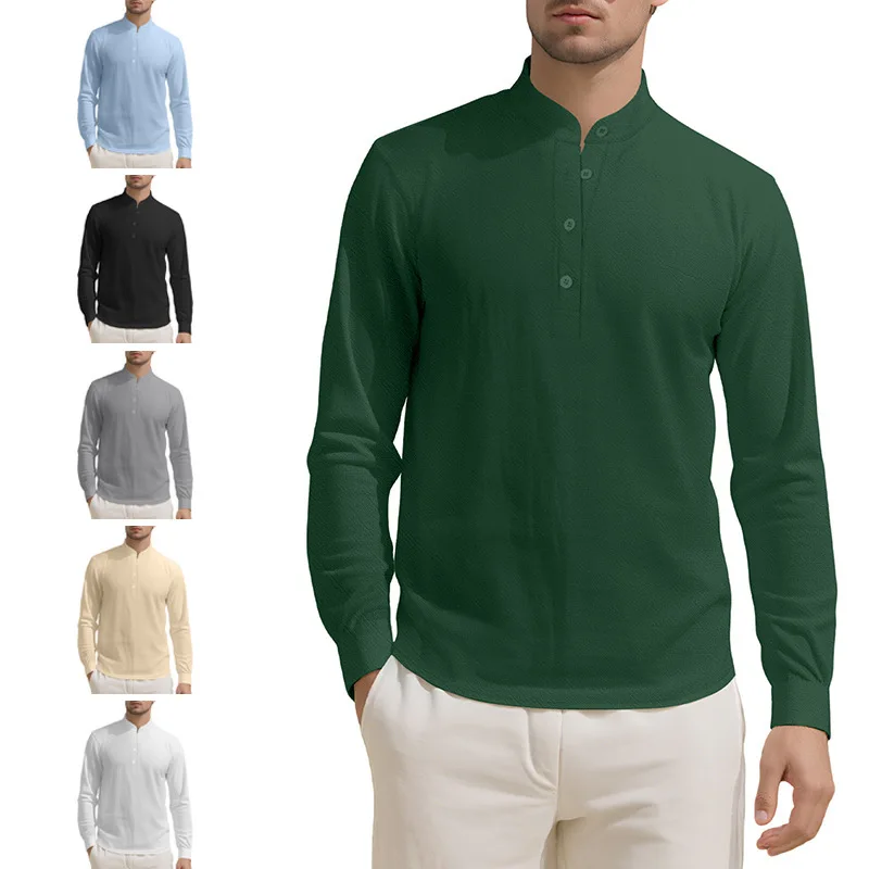 Men Stand Collar Half Button Long Sleeve Shirt Solid Color Textured Fabric Casual Loose Tops