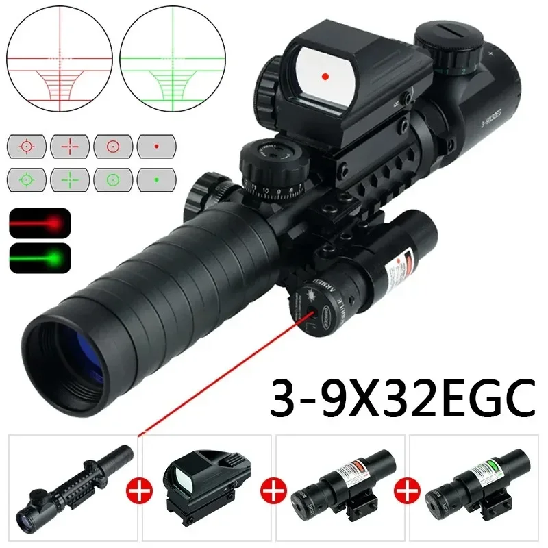 Tactical 3-9x32EGC Optical Sight Red Green Illuminated Riflescope Rangefinder Reticle with Laser Sight Hunting Rifle Scope