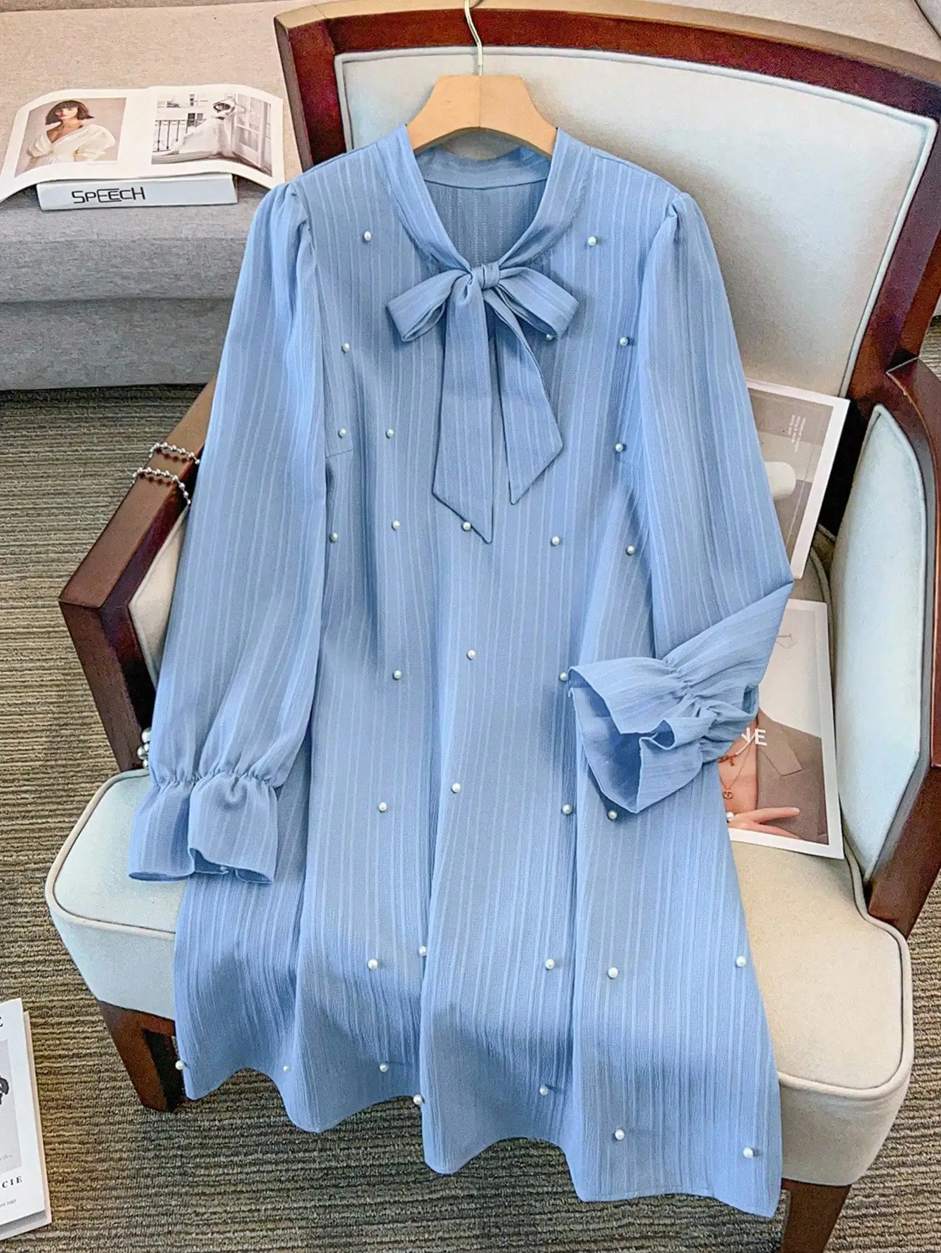 

Elegant Pearl Decorated Bow Neck Long Sleeve A-Line Dress For Women