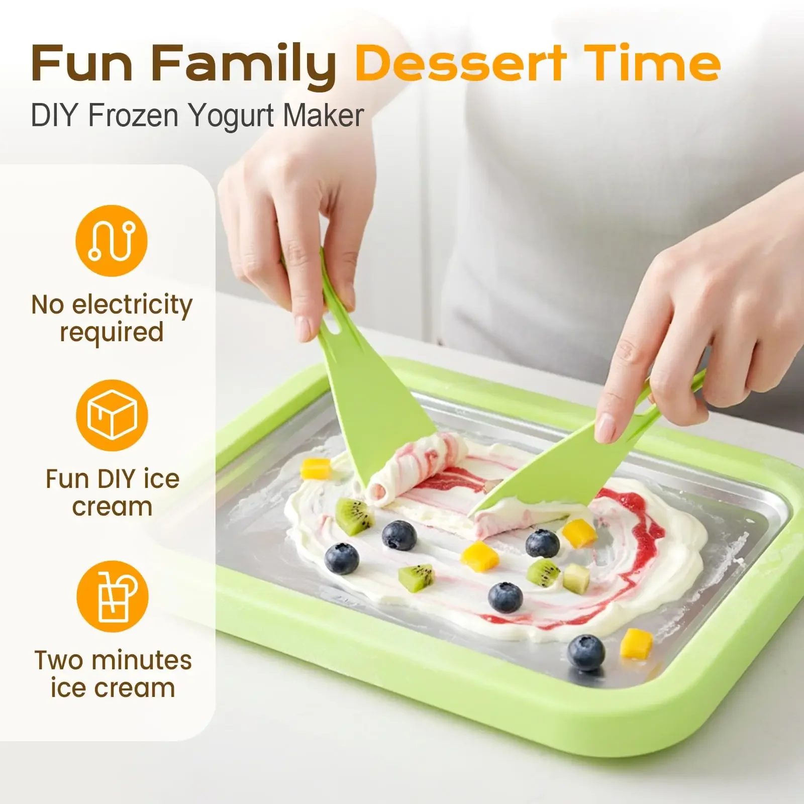DIY Sorbet Frozen Yogurt Maker Ice Stir Fry Machine Household Ice Cream Maker Pan with 1 Scraper Instant Rolled Ice Cream Maker