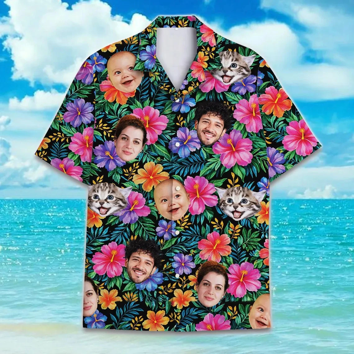 Custom Family Face Hawaiian Shirt Personalized Photo 3D Tropical Floral Print Button Up Aloha Shirts Summer Beach Party Blouses