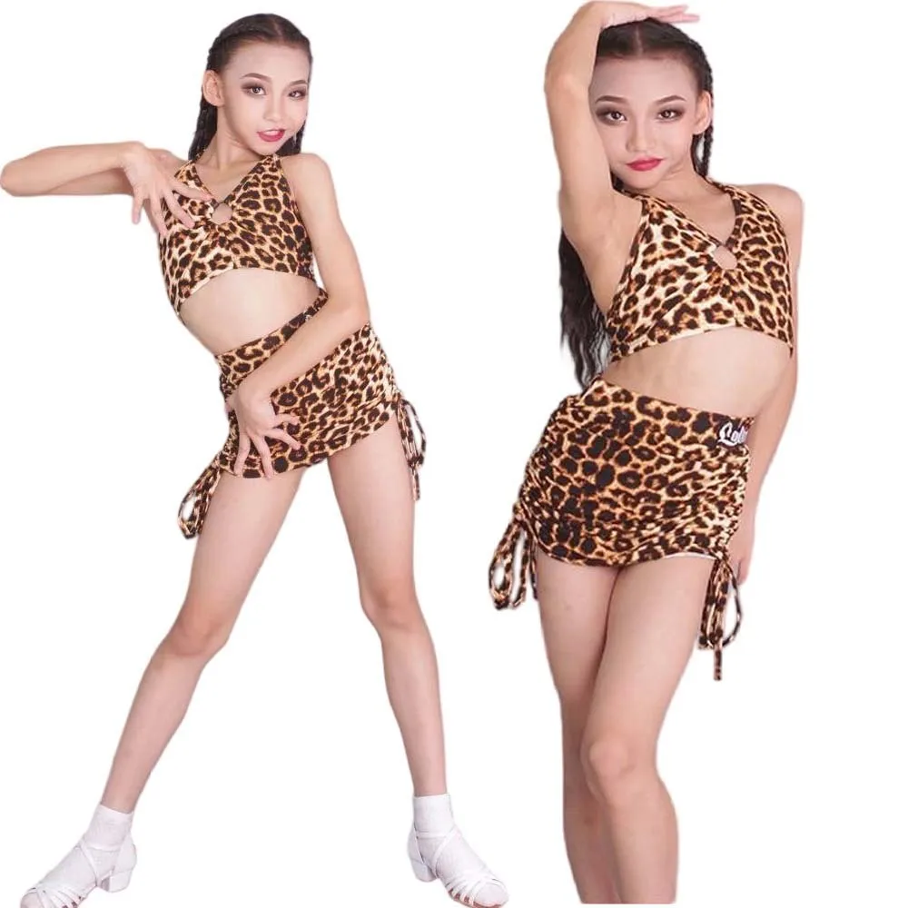 Топ-юбка с леопардовым принтом для бальных танцев, платье для девочек, американский танец, румба, ча-ча, самба, танго, костюм для соревнований, тренировочная одежда для детей