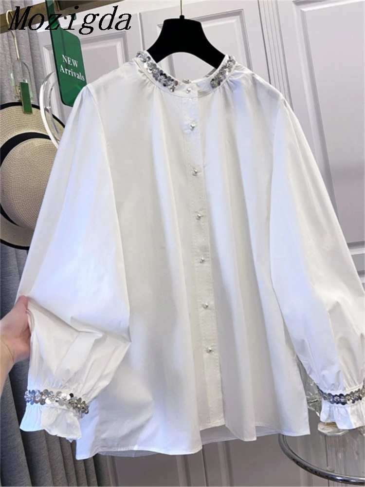 

Plus Size Spring Summer Long Sleeve Loose Casual Beading Sequin Ladies Tops Elegant Lantern Sleeve Korean Version Lady Blouse
