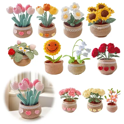 Crochet Kit DIY Tulip Flowers Plant Potted Crochet Knitting Kit for Beginners Flower Potted Plant Crochet Kit Hand-Knitted Decor