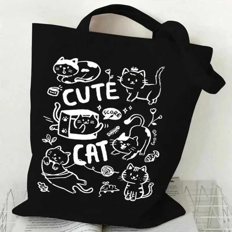 Black White Cat Print Canvas Tote Bag for Women Stylish Kitten-Themed Shopping Handbag Large Capacity Cartoon Shoulder Bag