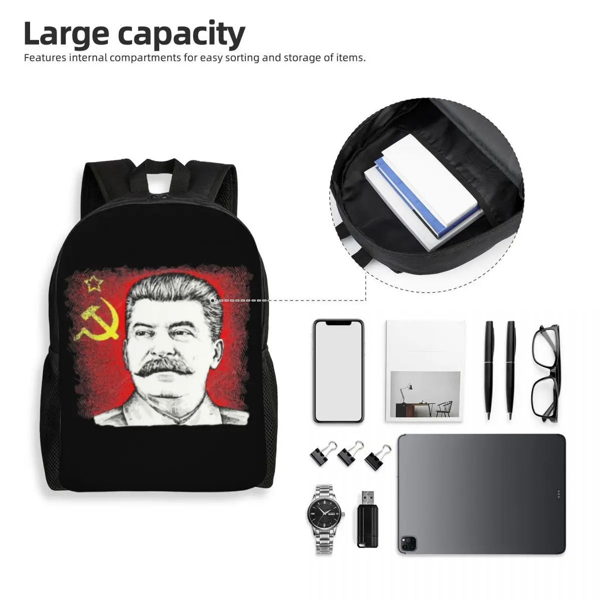 Soviet Union Leader Joseph Stalin Backpack School College Student Bookbag Fits 15 Inch Laptop CCCP USSR Communist Flag Bags