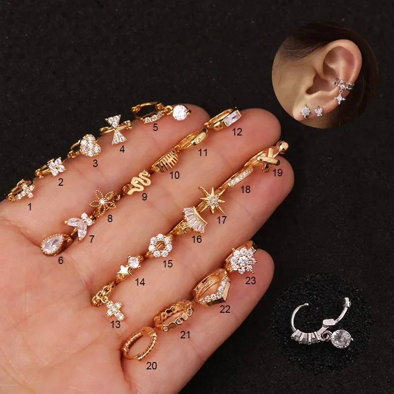 

46pcs Hoop Earrings for Women Piercing Micro Inlaid Zircon Small Ear Stud Buckle Clear CZ Gem Zircon Round Flower Cross